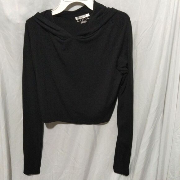 FOREVER 21 Cropped Hooded Sweatshirt Women's Size M BLACK STRETCH Hoodie - Picture 1 of 8